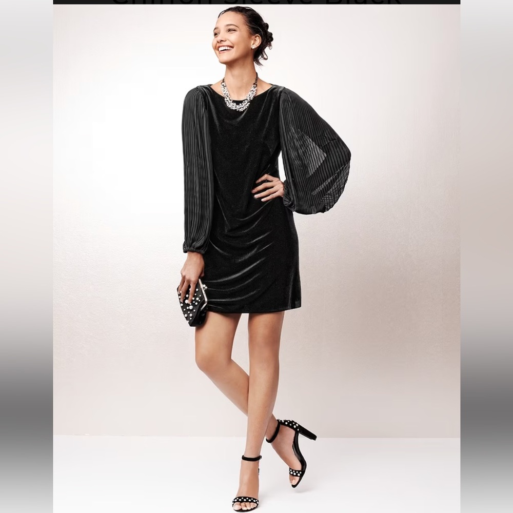 White House Black Market Chiffon Sleeve Black Velvet Shift Dress Size 4